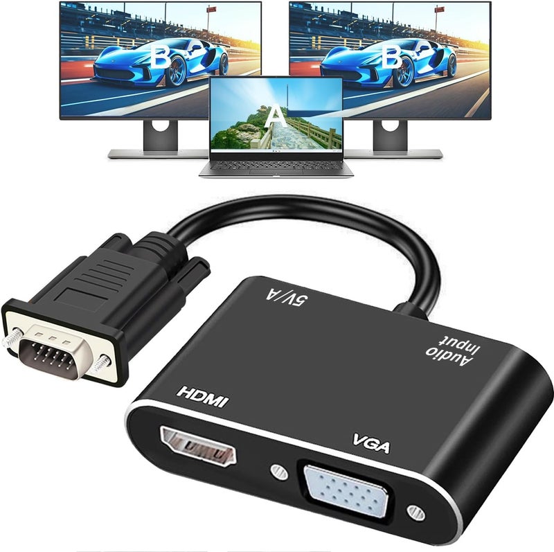 AKWOR محول VGA إلى HDMI + VGA لشاشات مزدوجة، محول VGA إلى HDMI مقسم 2 في 1، 1080P@60HZ عرض فيديو عالي الدقة لمحول الكمبيوتر المحمول/الشاشة/التلفاز/البروجيكتور (لأنظمة ويندوز وماك)  - Image 1
